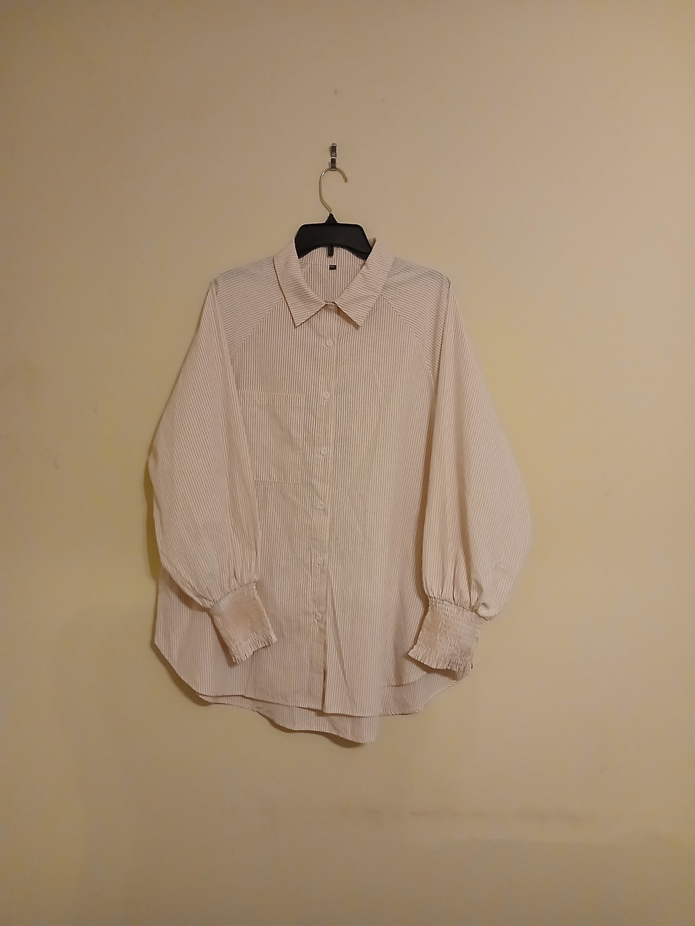 Light Pink Striped Balloon-Sleeve Button-Up Top